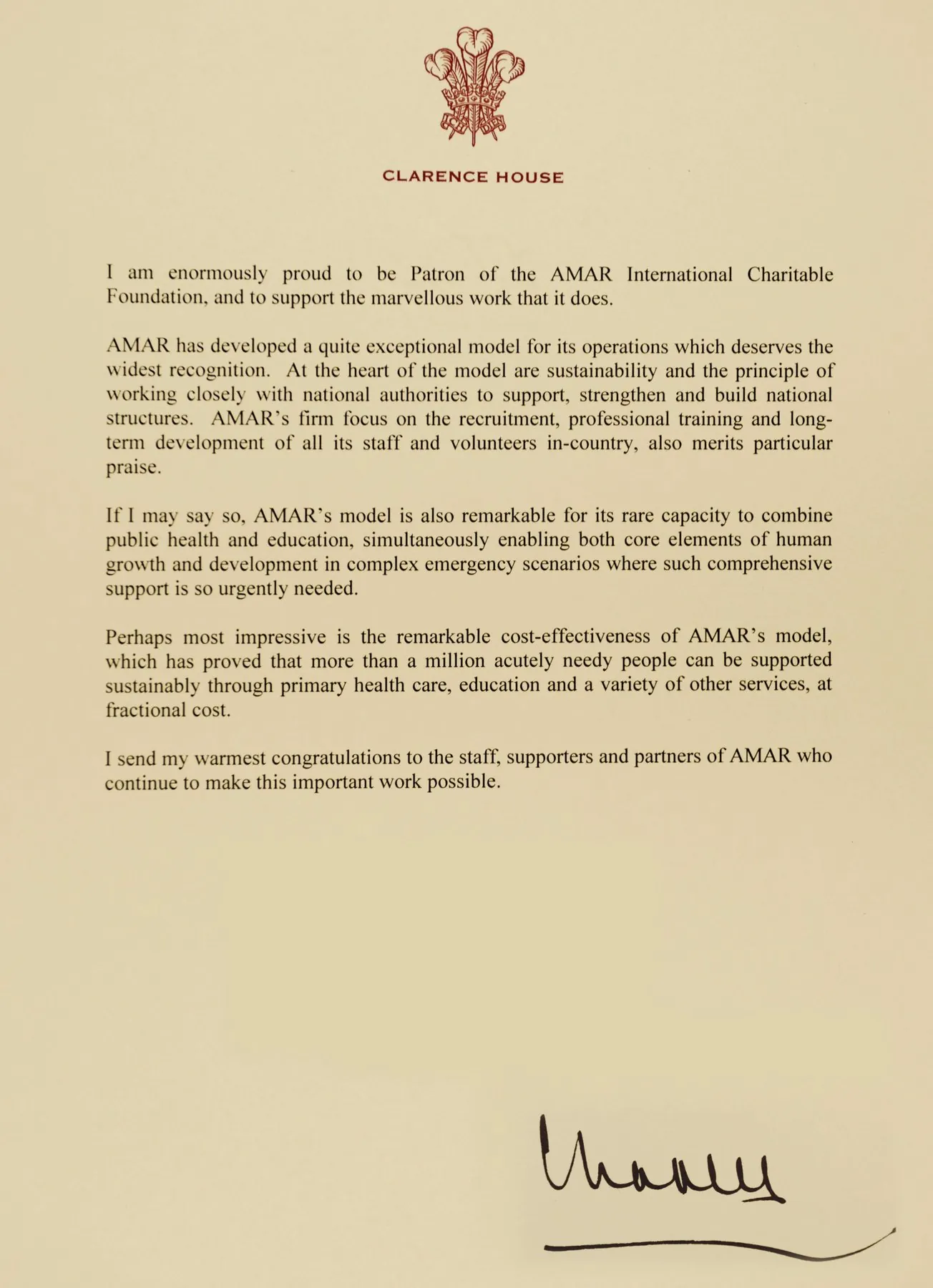 Letter from The Prince of Wales in support of AMAR